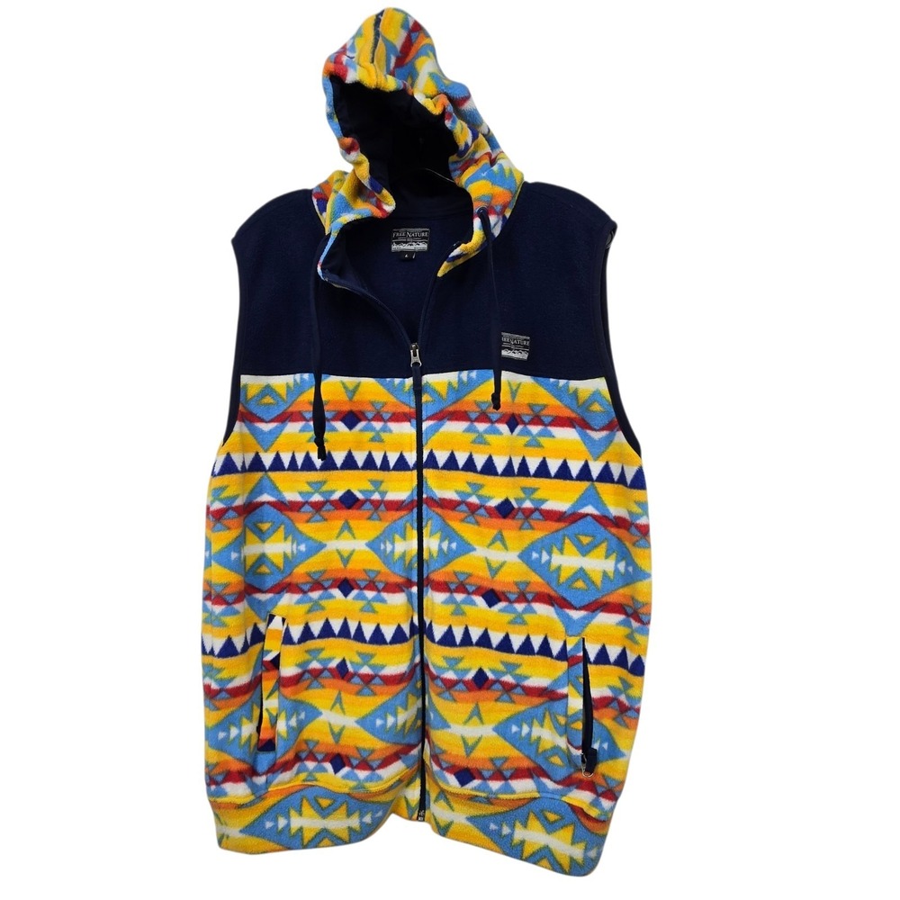 Free Nature‎ Aztec Fleece Hood Vest Men's LG Southwestern Zip Pockets Western